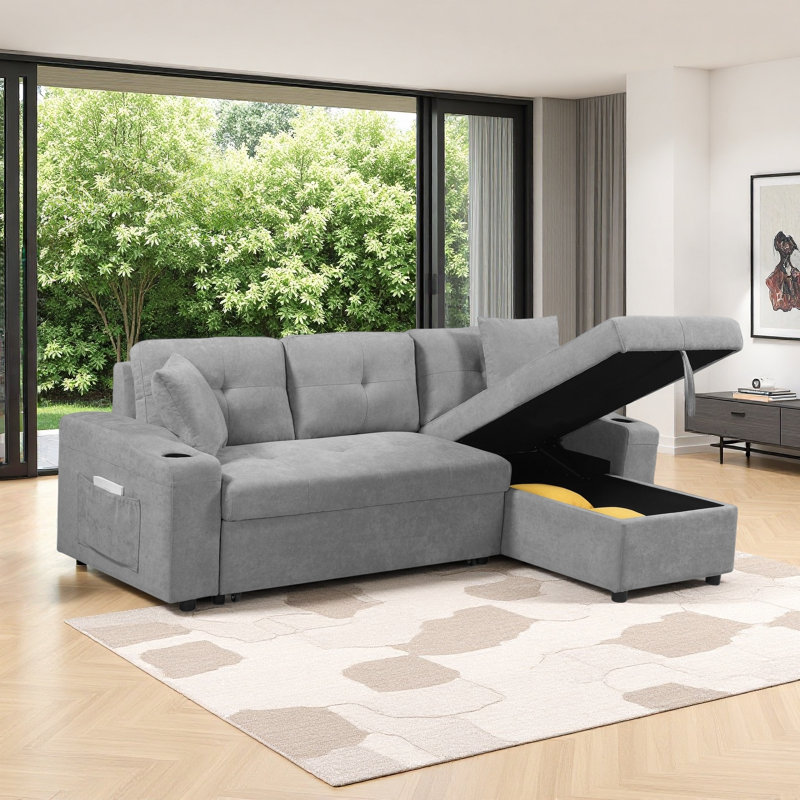 90.5" L-shaped Upholstered Sectional with Pull Out Sofa Bed, Storage Chaise, 2 Cup Holders, and 2 Throw Pillows