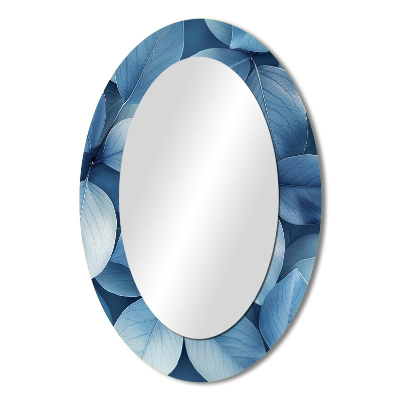 Minimalisme Smoky Blue Leaves I - miroir mural ovale bleu, 36 po x 24 po