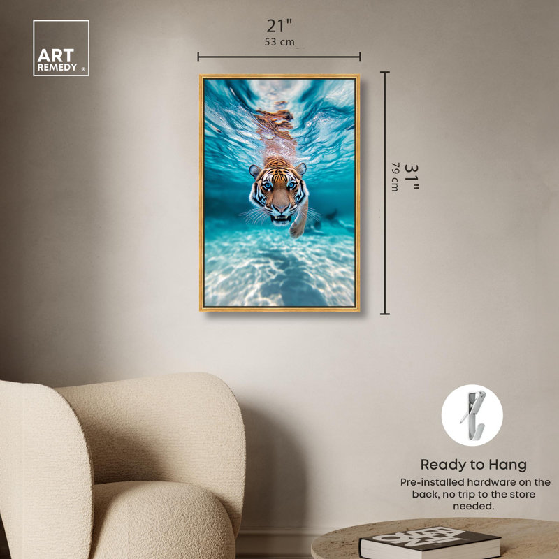 Art, art moderne, toile, oeil du tigre, H 31 po x l 21 po, Cadre flottant doré