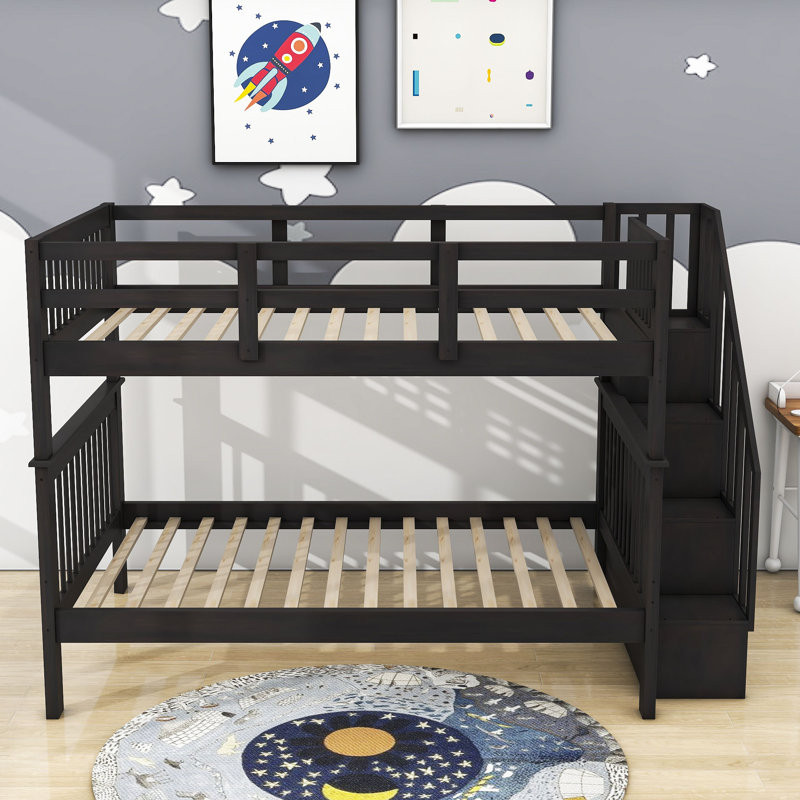 Elvia Full Over Full Wooden Bunk Bed with Stair and Guardrail, Espresso