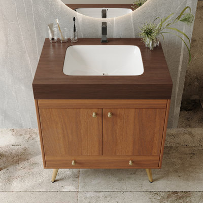 Meuble-lavabo autoportant de style Mid-Century avec comptoir en faux marbre et lavabo en céramique, armoire de rangement à double porte de 30 po, bois d'ingénierie imperméable, pieds dorés