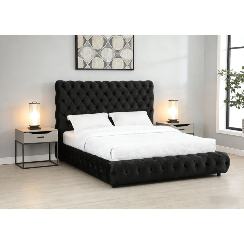 Upholstered Bed, Upholstery Bed Frame, Tufted Headboard And Footboard, No Box Spring Required, Black, Queen