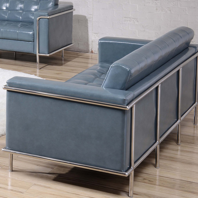 Modern Gray Faux Leather Tufted Sofa with Metal Frame