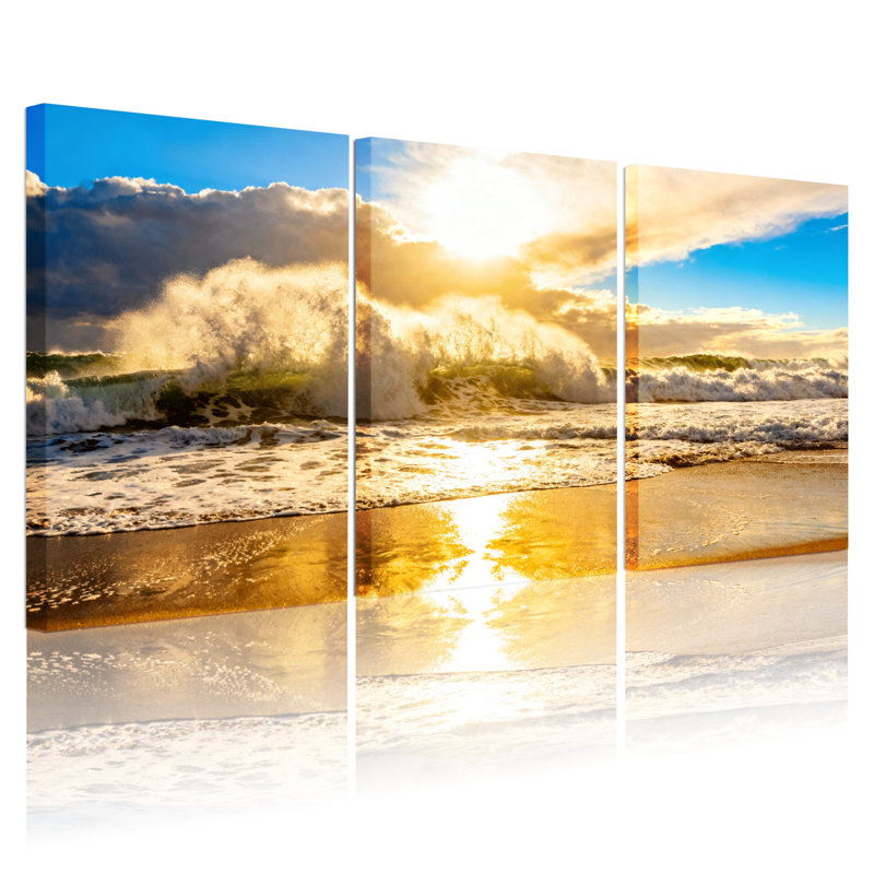 Plage, coucher de soleil, océan, vagues, plage, ciel, nuages, réflexion, lumière dorée, ensemble de 3 impressions sur toile