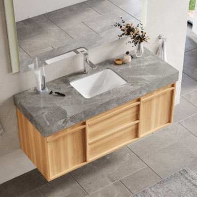 48"Mid Century Fully Assembled Wall-Mounted Bathroom Vanities,Single Sink,Brown Wood Texture with Sintered Stone Table top