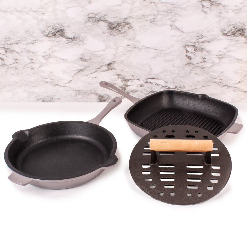 Ensemble de fonte 3 pièces Neo: poêle à frire, poêle à griller et steak fendu, gris