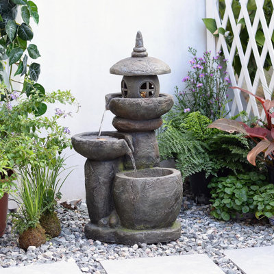 Japanese Pagoda Lantern Cascading Water Fountain with LED Lights, 31.5" Tall Resin Outdoor Water Feature for Garden Patio Zen Decor