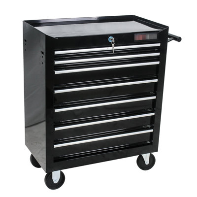7 Drawers Workshop Trolley With Wheels - Black, Lockable Cabinet, Bearing Slide, Heavy-Duty Steel Build, 4 , 2 Stopper Black 7 Tool Rolling Wheels, Feature, Slides, Construction, Wheeled