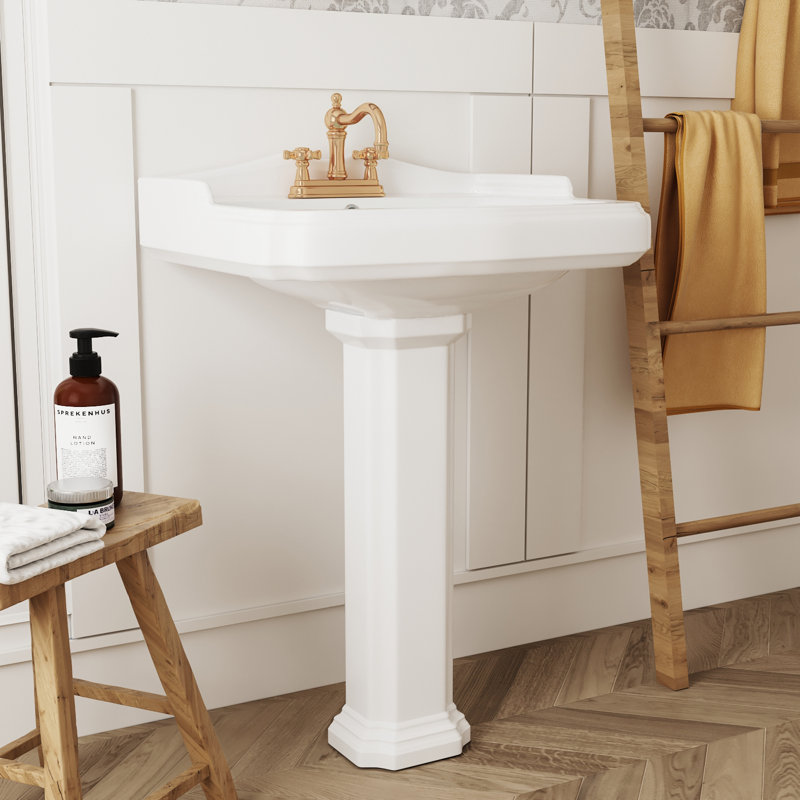 DeerValley Dynasty 35.5" Tall Rectangular Vitreous China Pedestal Bathroom Sink with Overflow, White, Centerset Faucet