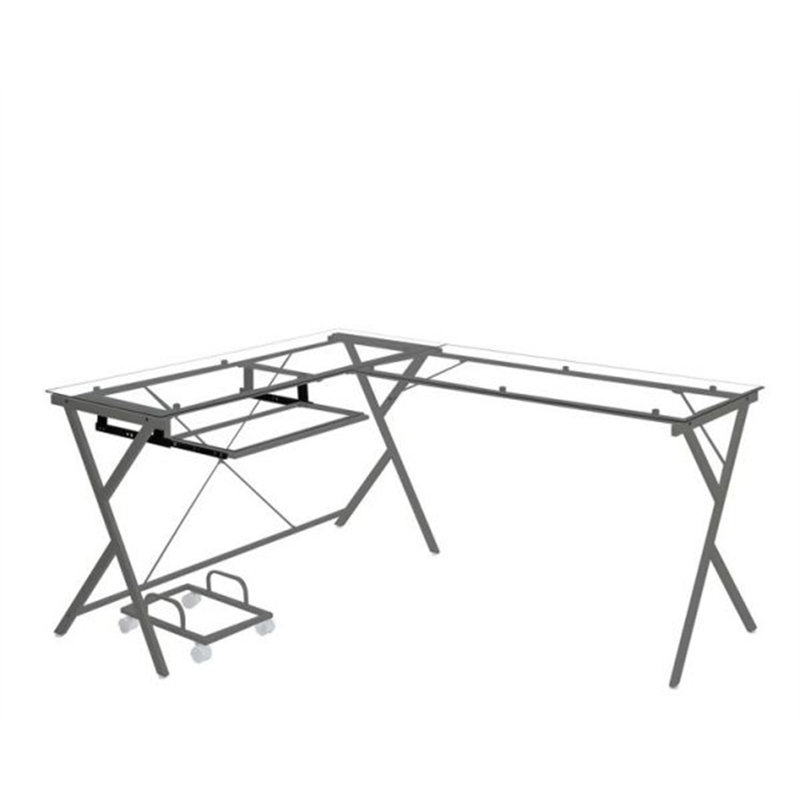 Demico L-Shaped Metal Base Computer Desk, Clear Glass/Black 1