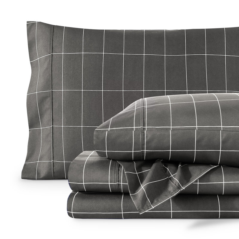 Sheet Set - Ultra-Soft Microfiber Bed Sheets - Double Brushed - Deep Pockets - Easy Fit, Grid - Grey/White