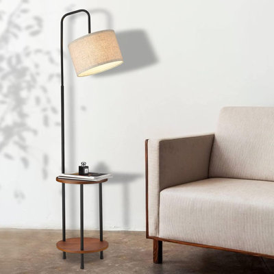 Lampe de plancher moderne pour le salon, lampe de table d'appoint en bois massif avec abat-jour en tissu gris, lampe de table de bout à 3 couleurs Temperatures pour chambre à coucher, salon, ampoule DEL incluse, noir mat