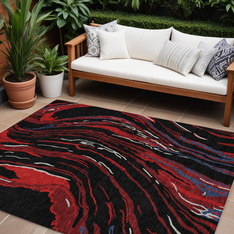 Tapis extérieur lavable abstrait noir et rouge 9 pi x 12 pi noir