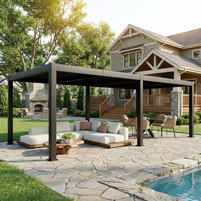 12x16FT All-Aluminum Louvered Pergola with Adjustable Roof, Reinforced Frame & Integrated Drainage, Hard Top Gazebo for Patio & Deck