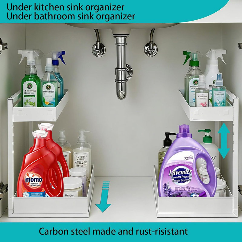 Ensemble de 2 ensembles de rangement sous le lavabo à 2 niveaux - Armoires de rangement réglables en métal pour la cuisine, la salle de bain et le bureau, blanc