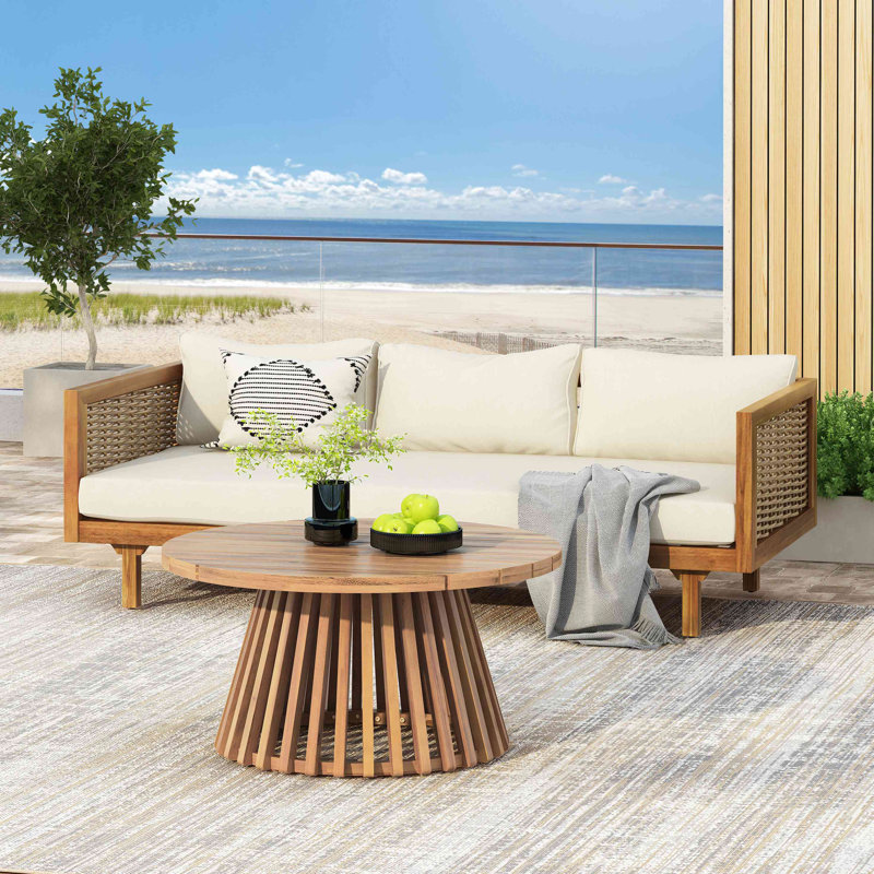 ENSEMBLE DE MEUBLES DE PATIO: LIT DE CLASSE 3 PLACES CLAREMONT + TABLE EN BOIS ACACIA, Beige