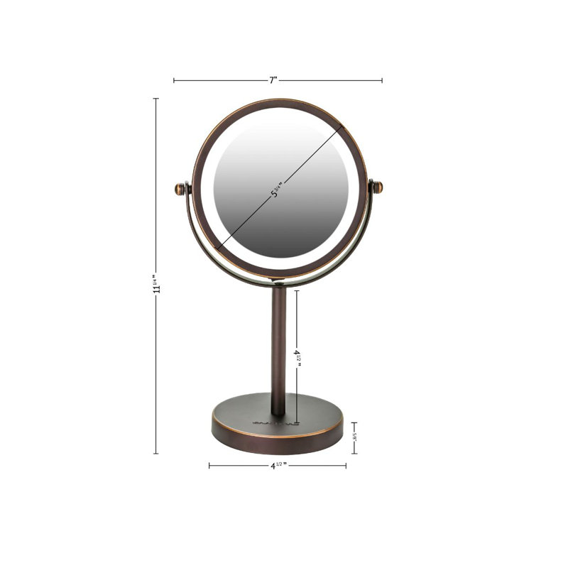OVENTE 6" Lighted Makeup Mirror with 1X/7X Magnification, Cordless Tabletop Mount Vanity Round Mirror with 360° Swivel Design and Double Sided Cool Tone LED Ring Light, Antique Bronze MLT60ABZ1X7X