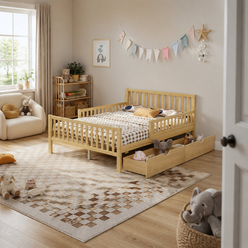 Lit plateforme double en bois pleine grandeur avec garde-corps double et 2 tiroirs de rangement, naturel, Full, Tan