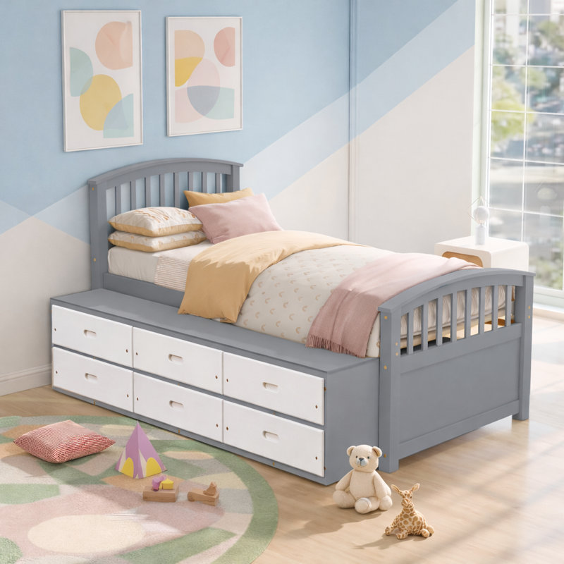 Coverson Twin Storage Platform Bed, Solid Wood Bed with 6 Drawers, Gray&White