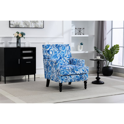 Fauteuil intemporel en lin bleu et blanc, rembourrage en mousse haute densité, structure en bois massif, option de sièges de salon, 27,31 po de profondeur, fauteuil confortable avec imprimé en porcelaine, article décoratif,