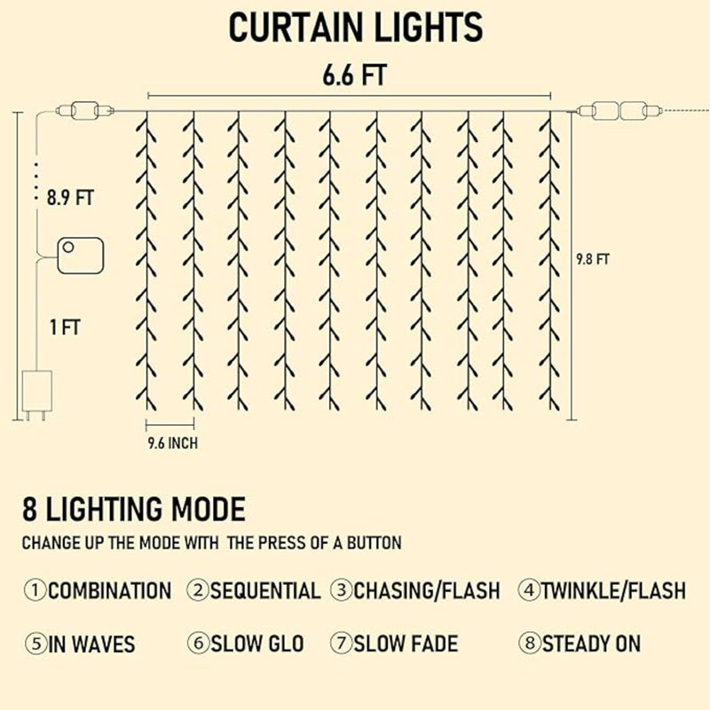 Bright 300 LED Curtain String Lights, Christmas Fairy Lights For Bedroom With 8 Lighting Modes, Connectable Waterproof Window Lights Party Wedding Garden Wall Decor