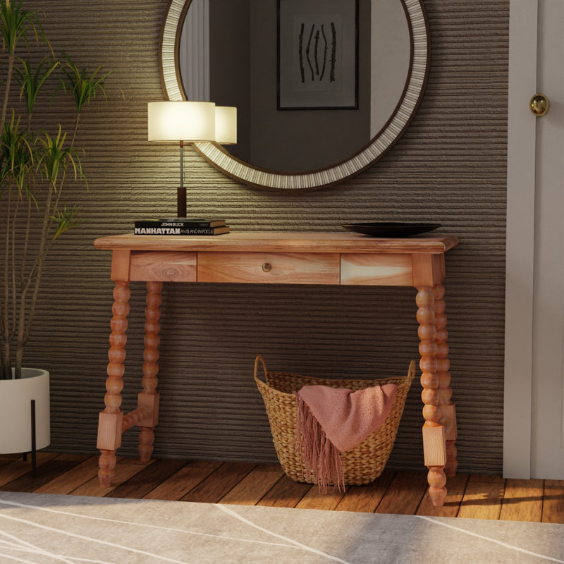Natural Acacia Wood Writing Desk with Brass Knob