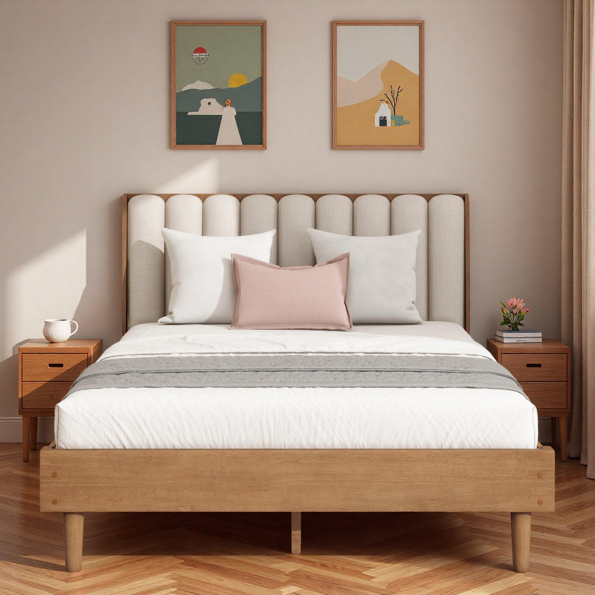 Latitude Run® Wood Bed With Piano Key Style Upholstered Headboard And ...