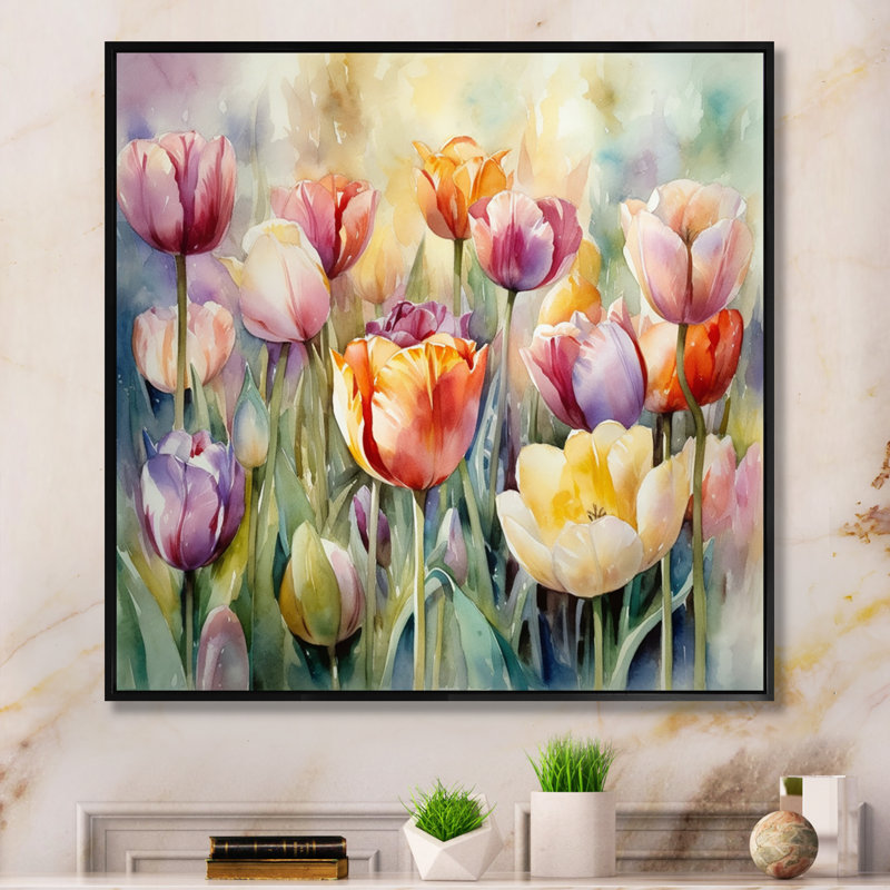 Jardin des tulipes - art mural tulipe, H 36 po x l 36 po x P 1,5 po, Cadre flottant noir