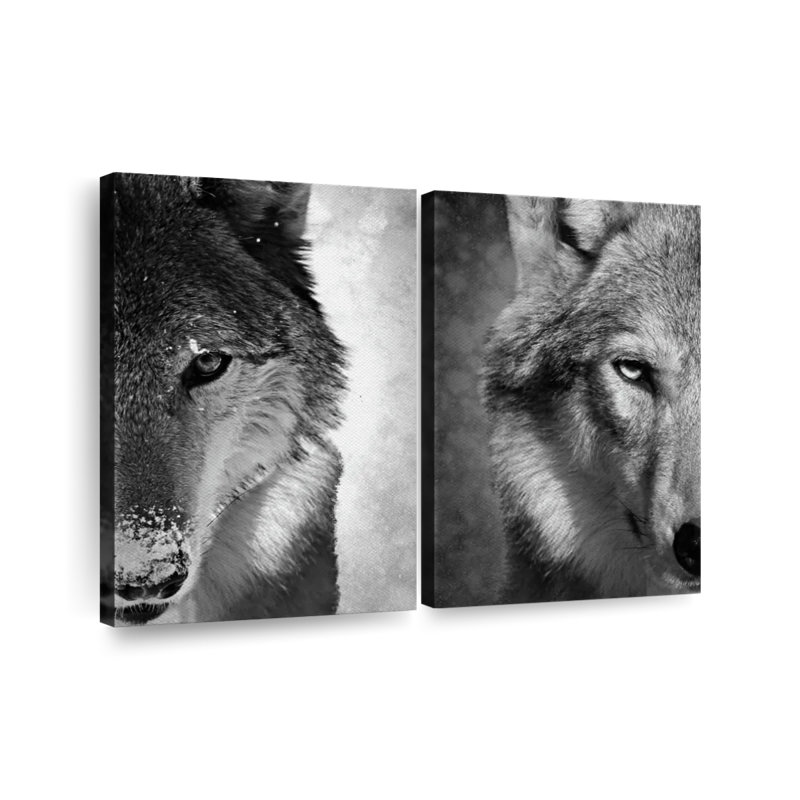 «Wolf faces» en noir et blanc, reproduction sur toile, H 42 po x l 57 po x P 1,25 po