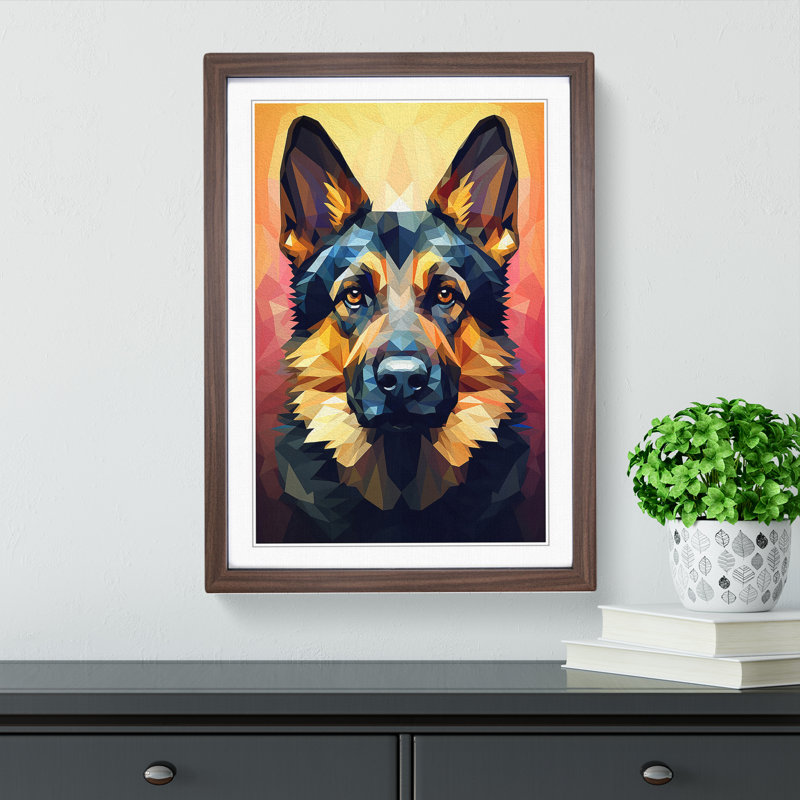 German Shepherd Geometric No.2 - Single Picture Frame Print on Wood, Walnut, 34cm H x 25cm W x 2cm D