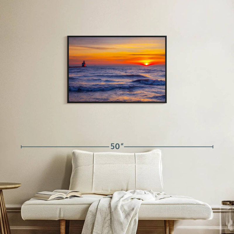 Phare sur le lac Michigan, Cadre flottant noir, 31 po x 21 po