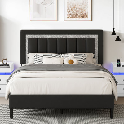 Diamond Tufted Upholstered Platform Bed Frame with Matching LED Nightstands Bedroom Set by Wrought Studio