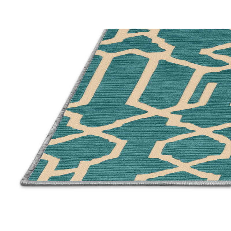 Tapis bleu en treillis lavable à la machine, Rond 3 pi