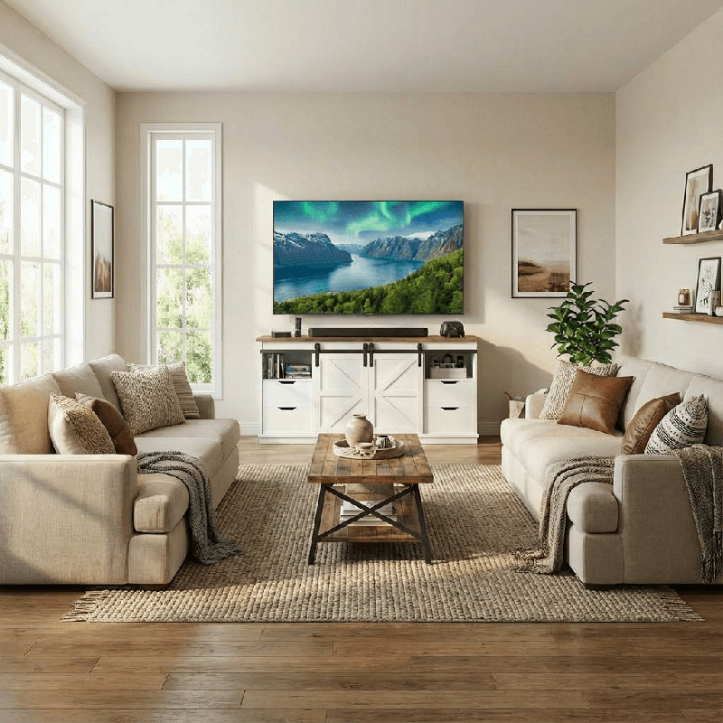 58-Inch Tv Console With Sliding Barn Doors, 4 Drawers, And Media Storage – Fits Tvs Up To 65, White