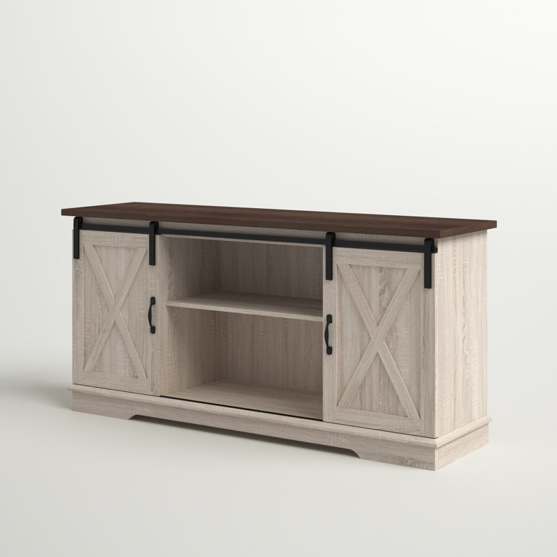 Meuble télé à porte coulissante Carterton, Plateau brun traditionnel / chêne blanc, H 28 po x L 58 po x l 16 po