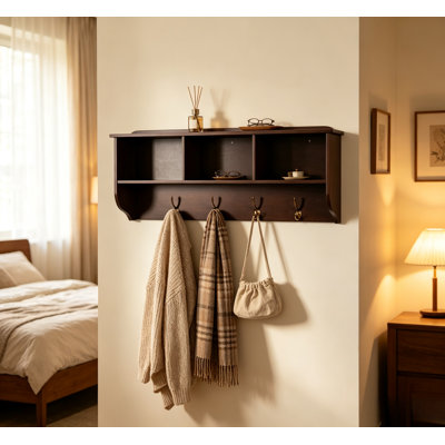 Wooden Wall Mounted Entryway Hanger, Espresso Finish Storage Rack with 3 Storage Compartments and 4 Vintage Metal Hooks, Wall Organizer for Hallway, Bathroom & Bedroom