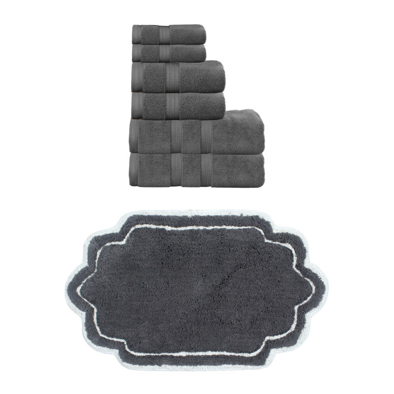 Talbert Collection 100% Soft Cotton Towel Set & 21x34" Bath Rug, 7 Piece Towel Set, Dark Gray