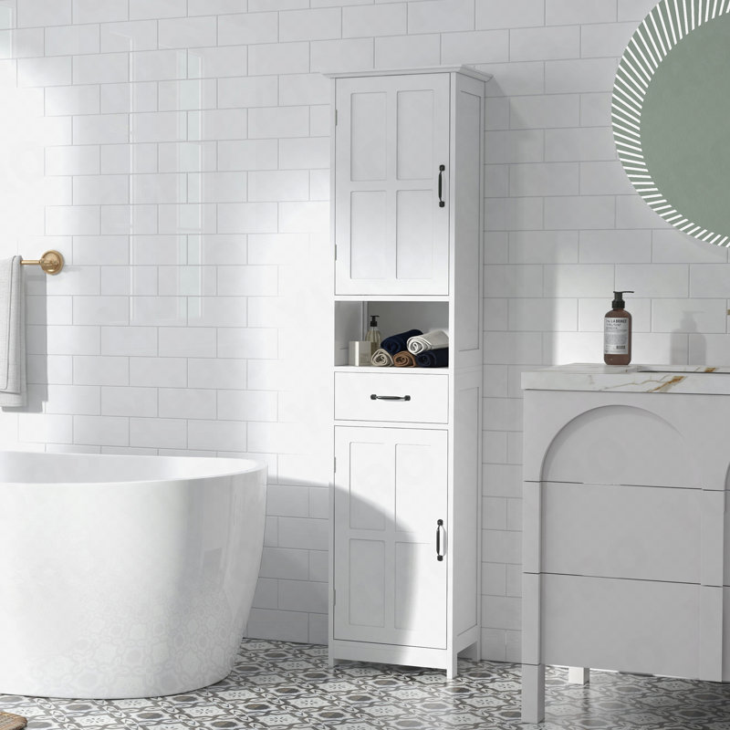 Armoire de rangement mince, armoire de salle de bain haute, tour à linge avec tablette ouverte, tiroir, portes encastrées et tablettes réglables, blanc