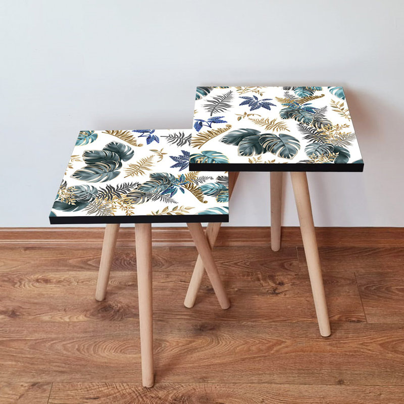 Modern Nesting Tables (2 Pieces), Grey, Green, White & Gold | 100% MDF with Beech Wood Legs | Bigger Table: 13.8 x 18.5 x 13.8 inches, Smaller Table: 13.8 x 16.5 x 13.8 inches | Stylish Flower Design, Perfect for Living Room & Office