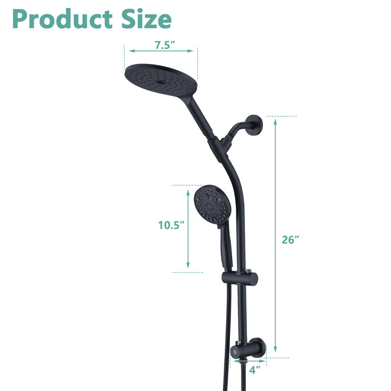 Pomme de douche double avec douche à main, pluie de 7,5 pouces et poche à 10 modes, barre coulissante réglable, nettoyage par jet à haute pression, tuyau en acier inoxydable de 5 pi, fixation murale - F00539