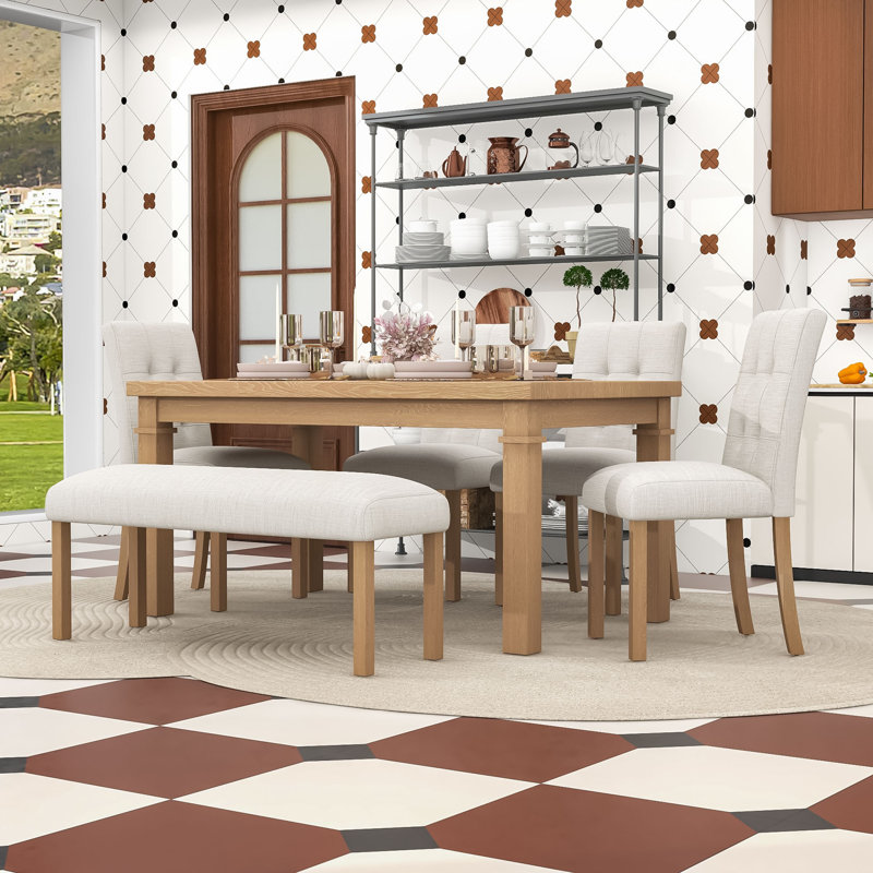 Ensemble de salle à manger 6 pièces avec banc, table rectangulaire et 4 chaises rembourrées, Naturel