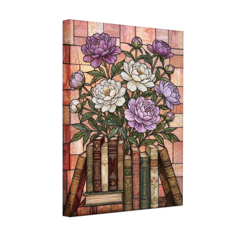 Plantes et fleurs, vitrail, pivoines et livres, H 24 po x l 16 po