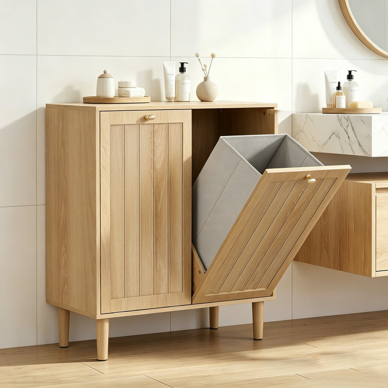 Panier à linge incliné avec panier intérieur amovible, panier à linge dissimulé, armoire de rangement pour salle de bain, support de rangement autoportant, couleur chêne