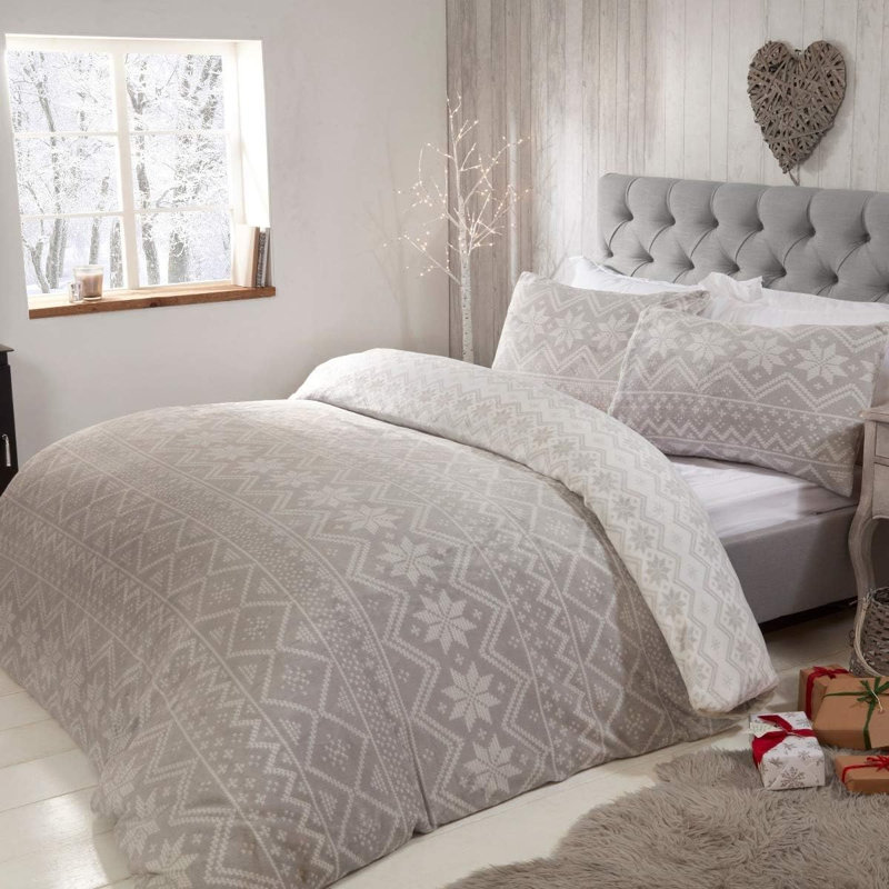 Double Fairisle Fleece Duvet Set, Grey Striped, Double Duvet Cover + 2 Standard Pillowcases