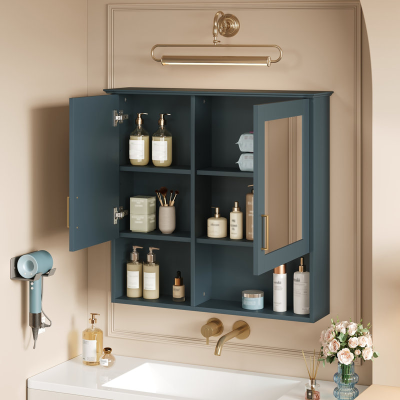 Armoire de toilette 2 en 1, armoire de pharmacie murale avec tablettes réglables et portes à fermeture en douceur, Bleu