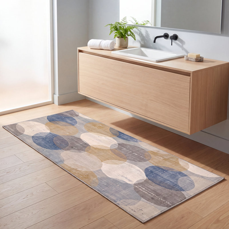 Tapis d'intérieur/extérieur à poils courts, motif géométrique moderne Obsidian Circles, bleu, gris, or, crème, ivoire, lavable en machine, antidérapant, adapté aux animaux domestiques, pour salon, chambre, salle à manger, entrée, couloir, bureau