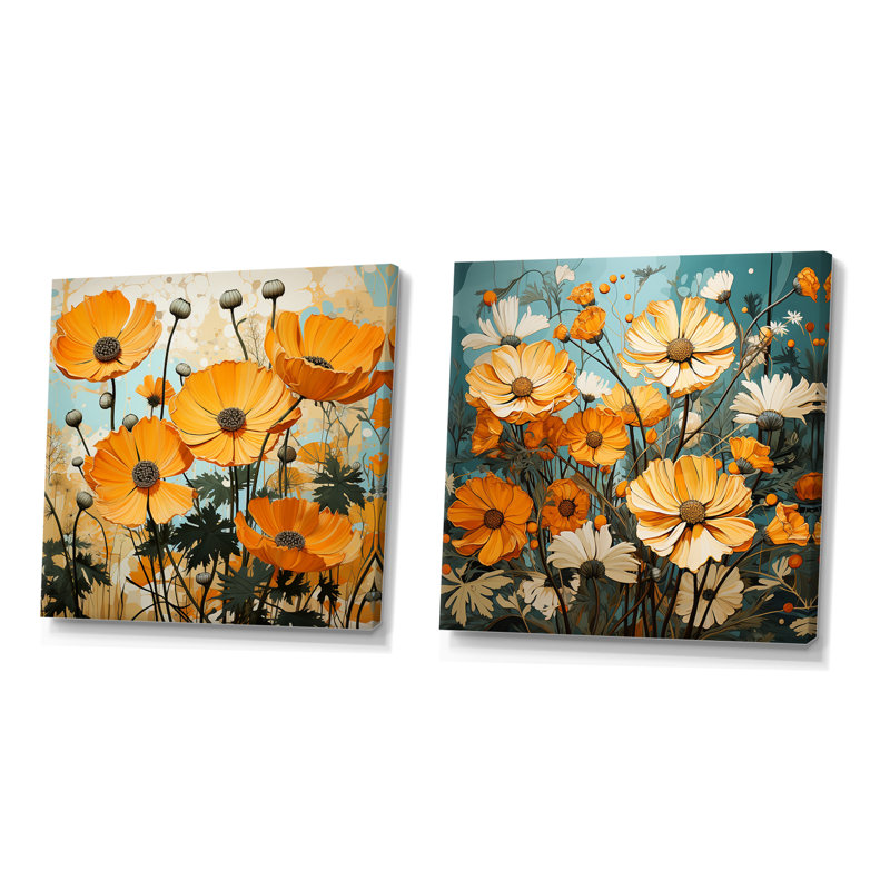 Ensemble de 2 décorations murales jaune souci, Toile tendue, H 16 po x l 33 po x P 1 po