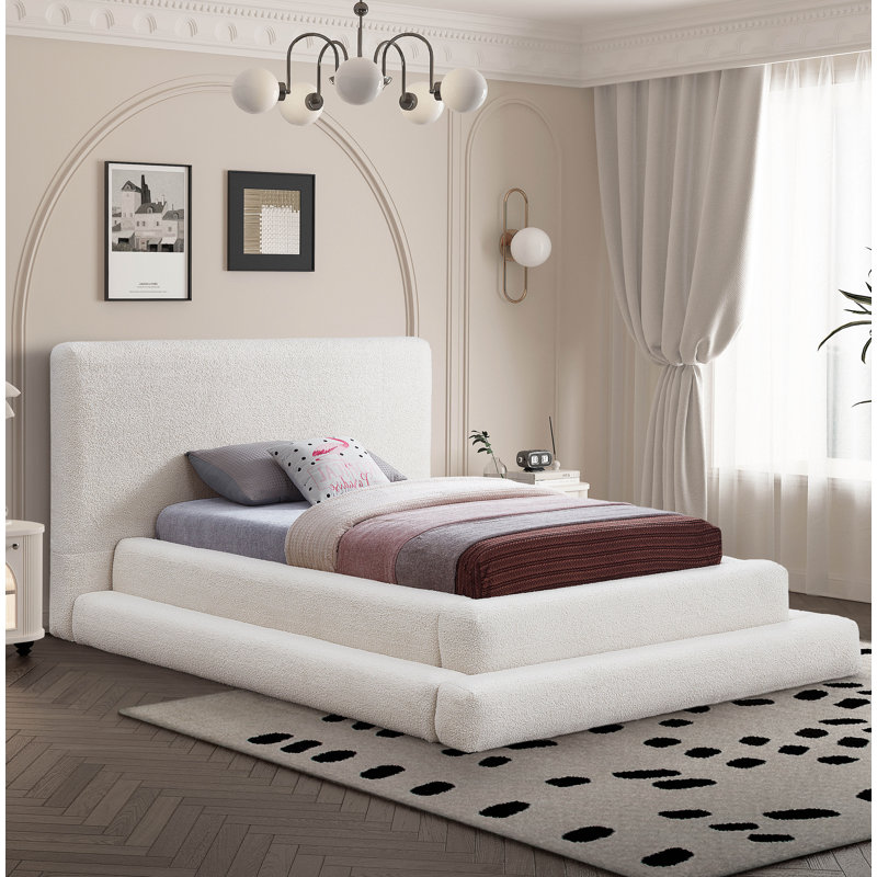 Hoffarth Upholstered Platform Bed, Twin, Cream Faux Shearling Teddy Fabric