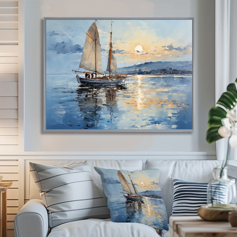 Bateau, voile, reflets I - art encadré de bateau côtier, H 24 po x l 32 po x P 1 po, Encadrement argenté