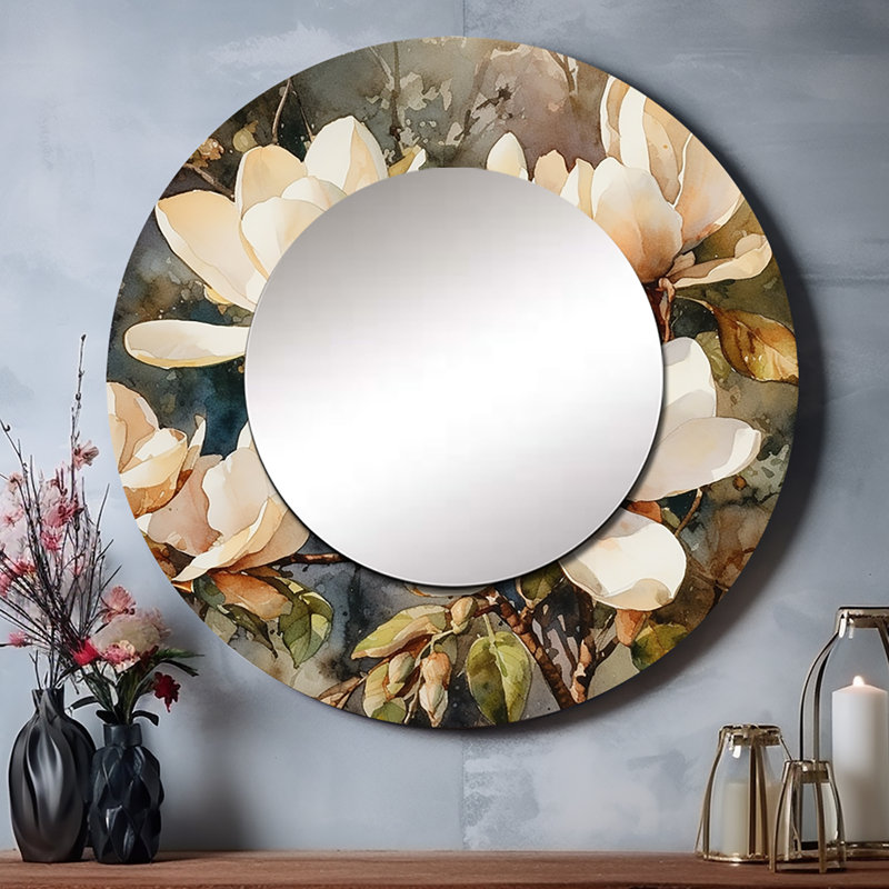 Symphonie de la crème de Magnolia ollice, miroir mural rond unique, art imprimé, 29 po x 29 po